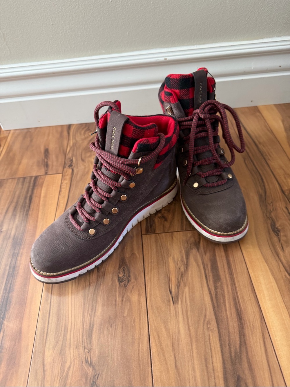 Cole Haan Brown Lace-Up Boots with Red Plaid Collar